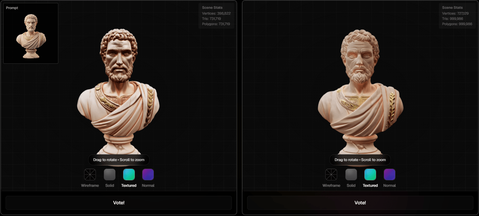 Arena blind voting — two 3D models side by side with hidden tool names